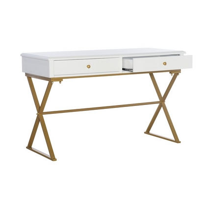 White two-drawer campaign desk from Start2Finish, featuring a sturdy wooden furniture design with metal handles and clean lines.