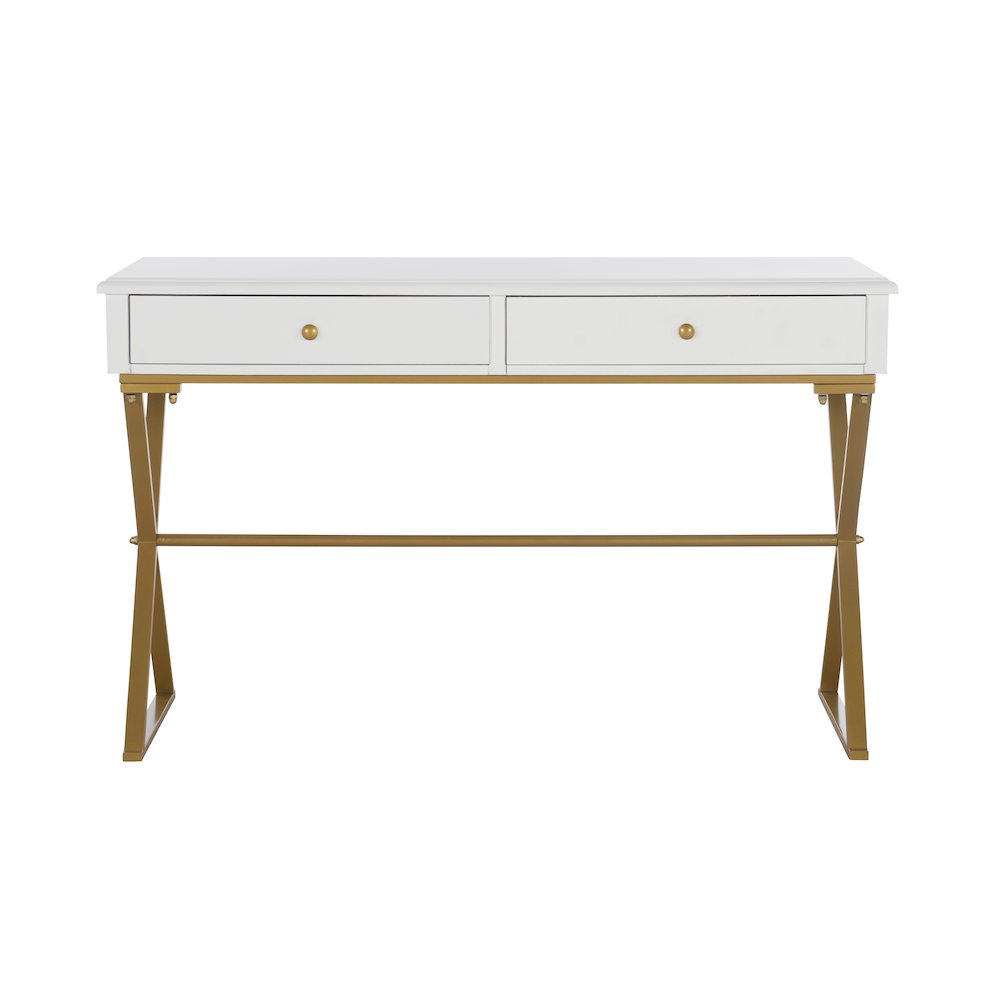 White Two-Drawer Campaign Desk made of sturdy furniture with sleek metal handles and a spacious workspace.