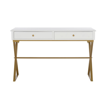 White Two-Drawer Campaign Desk made of sturdy furniture with sleek metal handles and a spacious workspace.