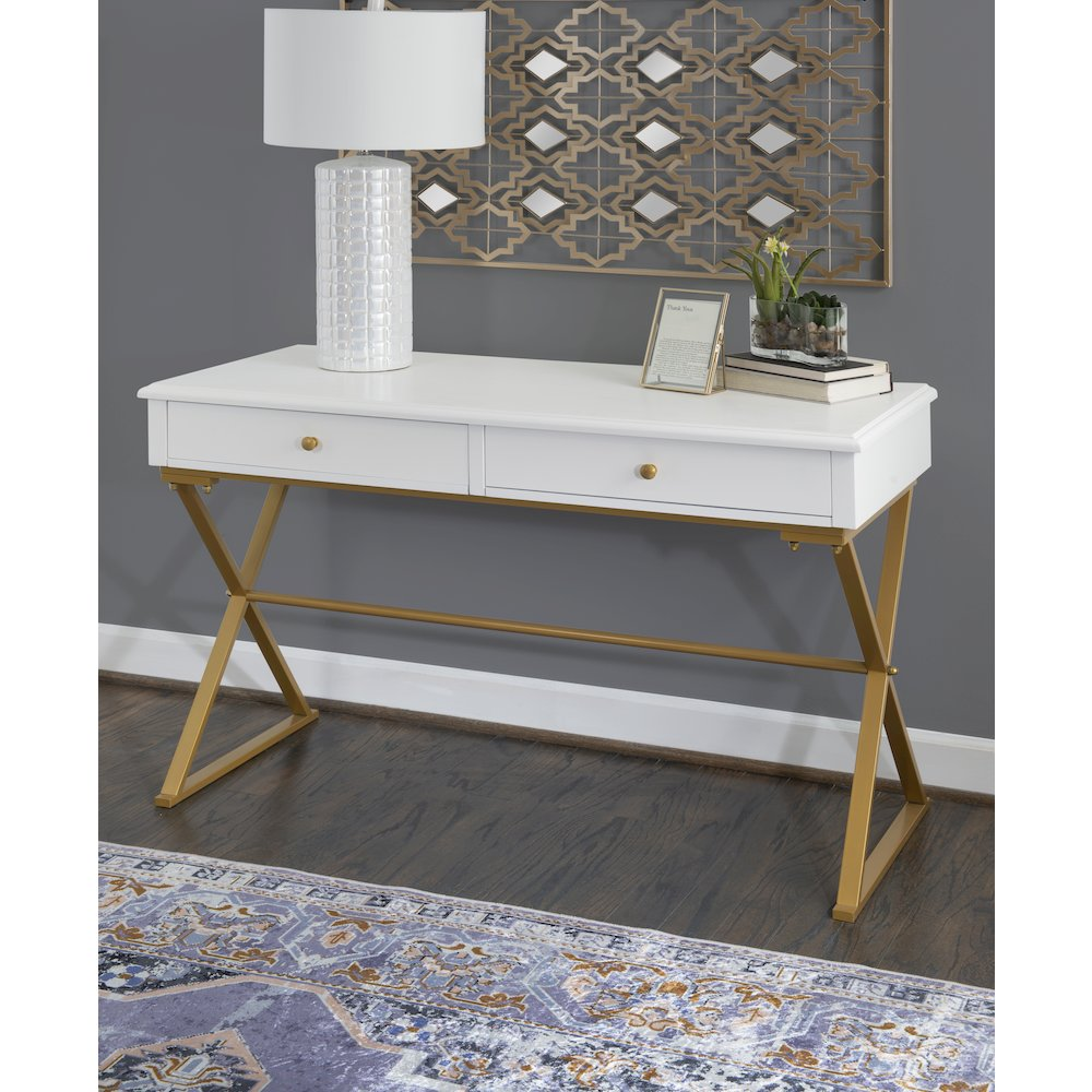 White Two-Drawer Campaign Desk by Start2Finish, showcasing a sleek wooden furniture piece with two spacious drawers and clean design.