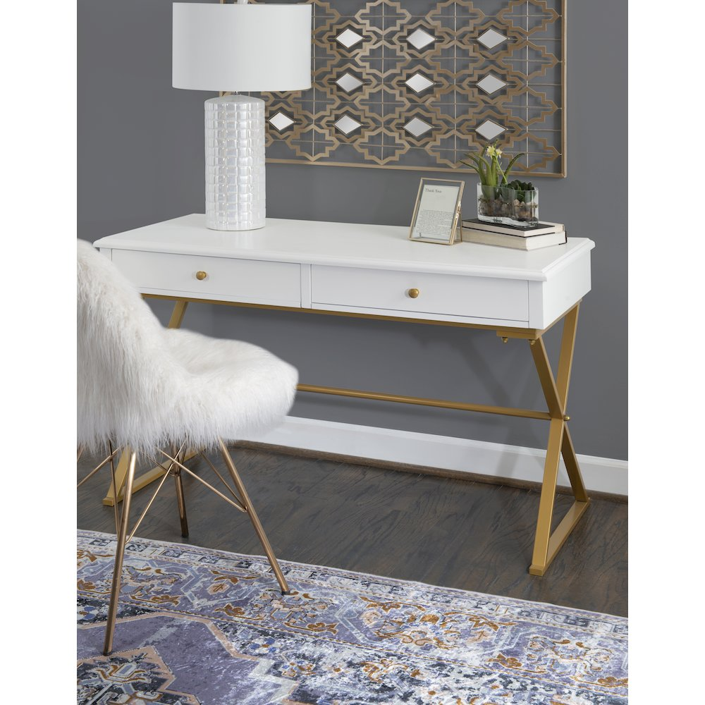 White Two-Drawer Campaign Desk from Start2Finish, showcasing a sleek, modern furniture piece with two functional drawers.