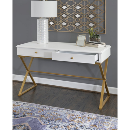 White Two-Drawer Campaign Desk by Start2Finish, showing a sleek modern furniture piece with two functional drawers and a smooth surface.