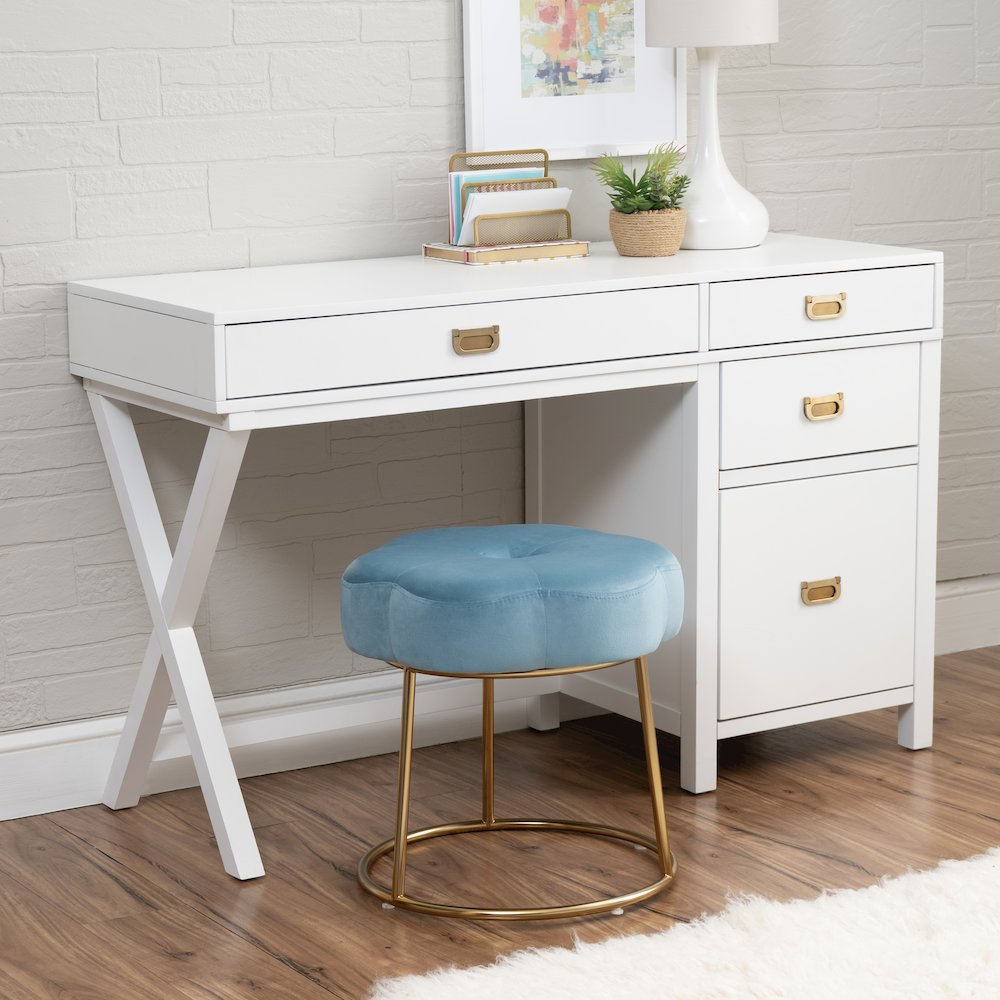 Start2Finish Seraphina Accent Vanity Stool in blue with a cushioned seat and elegant wooden legs for added style and comfort.