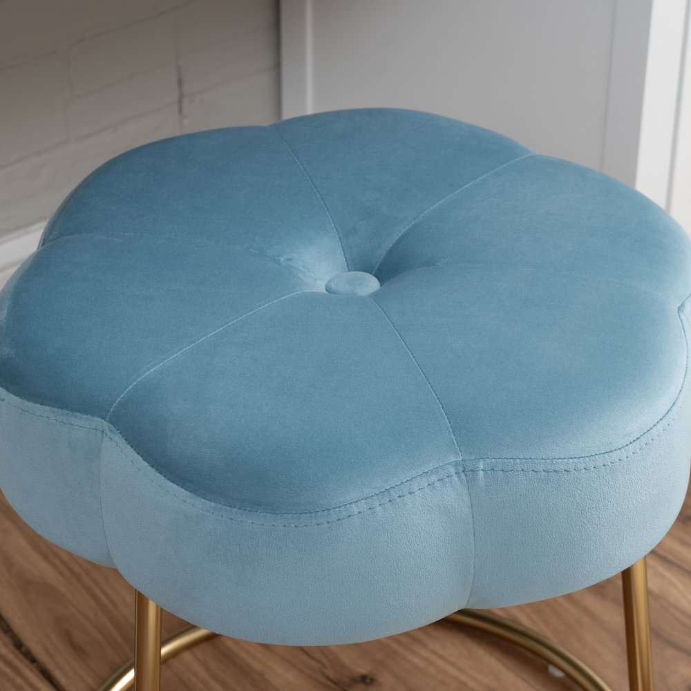 Blue Seraphina Accent Vanity Stool by Start2Finish featuring a tufted upholstered seat and wooden legs.