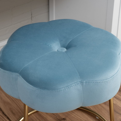 Blue Seraphina Accent Vanity Stool by Start2Finish featuring a tufted upholstered seat and wooden legs.