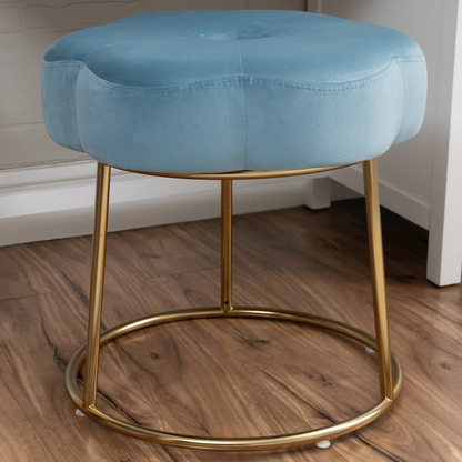 Blue Seraphina Accent Vanity Stool by Start2Finish featuring a cushioned seat and elegant wooden legs.