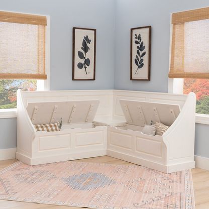 White Tobin Corner Breakfast Nook by Start2Finish, showing a cozy, modern furniture set with cushioned seats and a corner dining table.