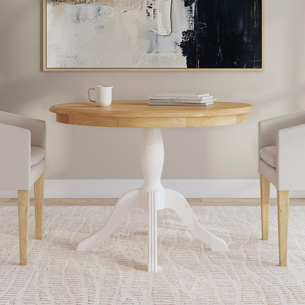 Start2Finish Tobin Pedestal Dining Table with natural wood and white finish, showcasing a modern, round table design with sturdy pedestal base.