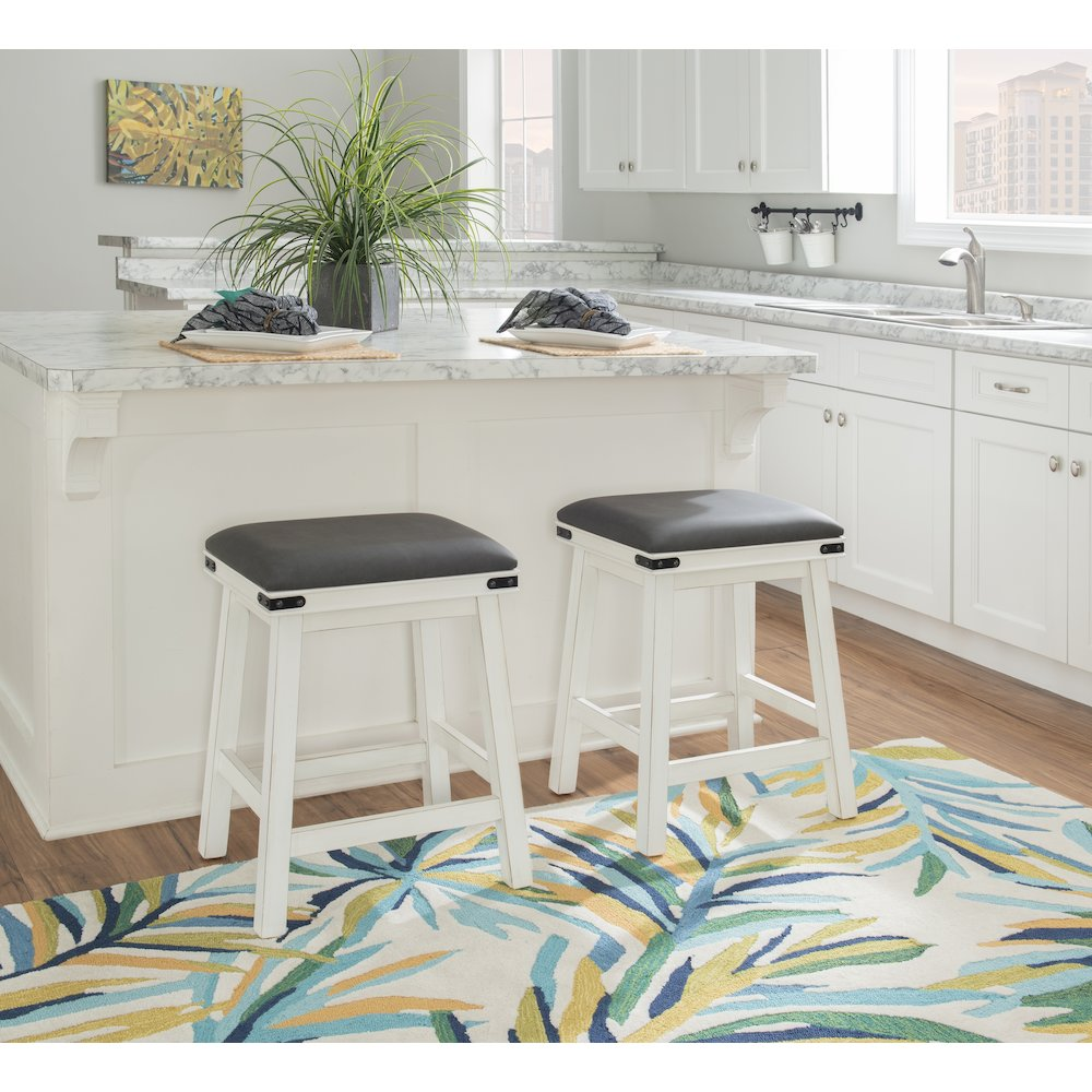 White Serrano Counter Stool by Start2Finish with a sleek, modern design and sturdy metal legs for kitchen or bar seating.
