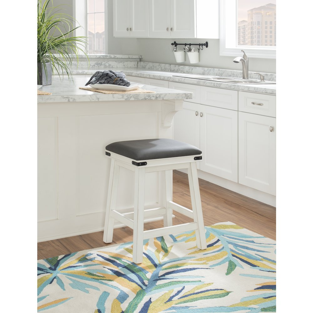 White Serrano counter stool by Start2Finish featuring a sleek, modern design with a cushioned seat and sturdy wooden legs.