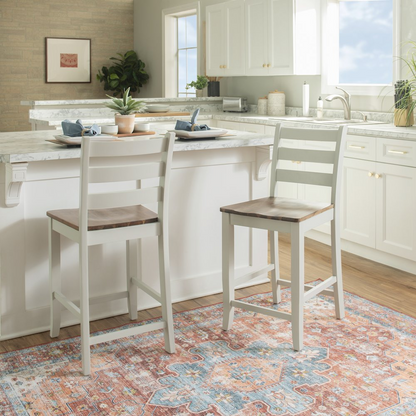 Start2Finish Colm Counter Stool with wooden legs and upholstered seat, shown in a modern kitchen setting.