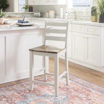 Start2Finish Colm Counter Stool with wooden legs and upholstered seat, shown from a side view.