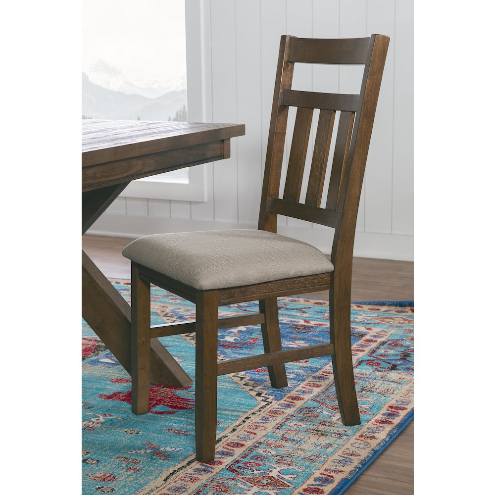 Start2Finish Turino Rustic Umber Side Chair with wooden frame and upholstered seat, showcasing a stylish and sturdy furniture piece.