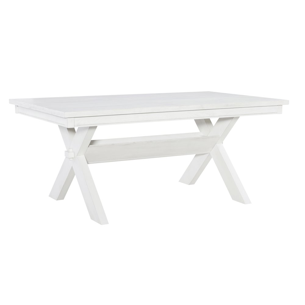 Turino distressed white dining table by Start2Finish, showing a rustic wooden surface with a sturdy rectangular design.