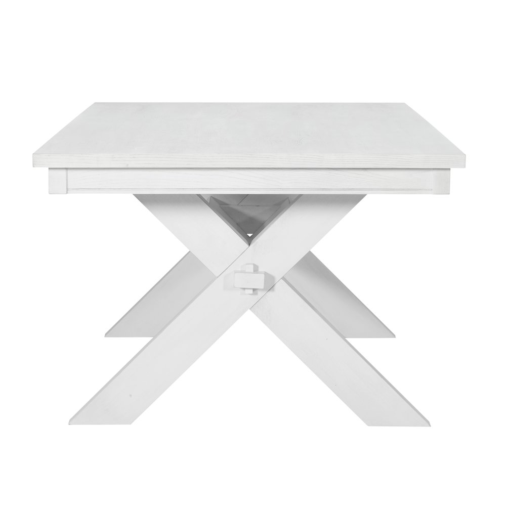 Distressed white Turino dining table by Start2Finish, showcasing a rustic wooden furniture piece with a sturdy rectangular top.