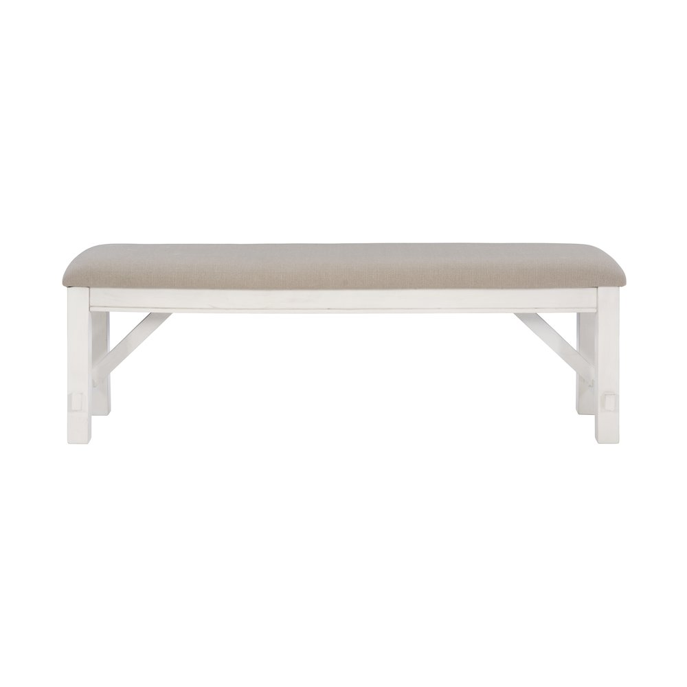 Distressed white wooden bench with rustic finish, ideal for entryways or living rooms, from Start2Finish.