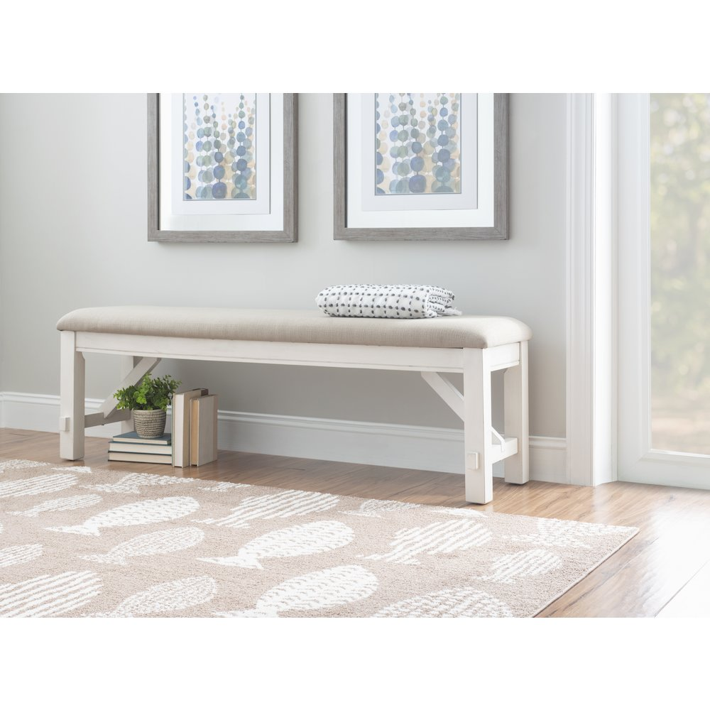Start2Finish Turino distressed white bench with rustic wooden legs and a weathered finish, ideal for entryways or living spaces.