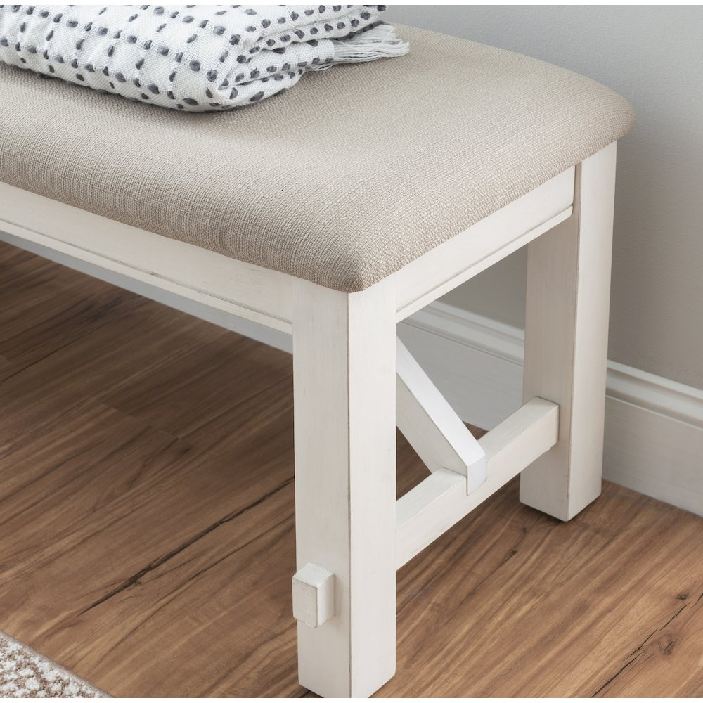Distressed white wooden bench with a rustic finish, suitable for entryways or living rooms, by Start2Finish.
