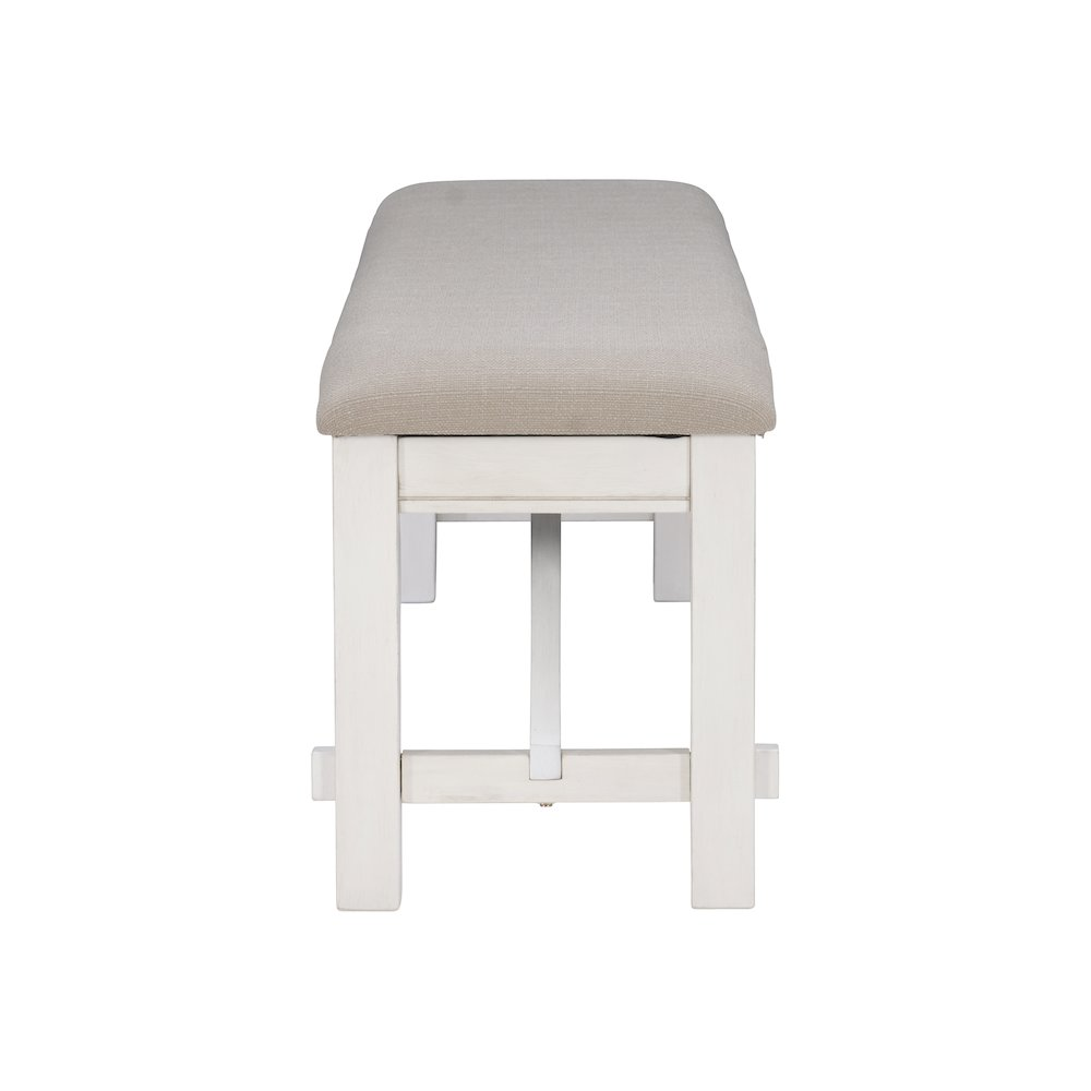 Distressed white wooden bench with a rustic finish, designed by Start2Finish, suitable for indoor or outdoor seating.