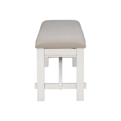 Distressed white wooden bench with a rustic finish, designed by Start2Finish, suitable for indoor or outdoor seating.