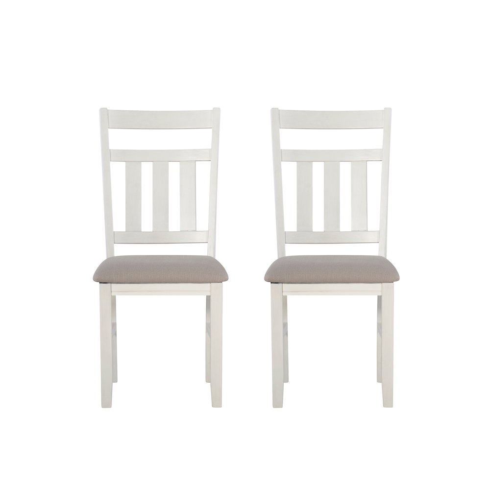 Distressed white side chair from Start2Finish, featuring a classic wooden furniture design with a rustic finish.