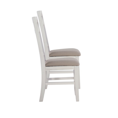 Distressed white side chair from Start2Finish featuring a classic wooden design with a rustic, vintage finish.