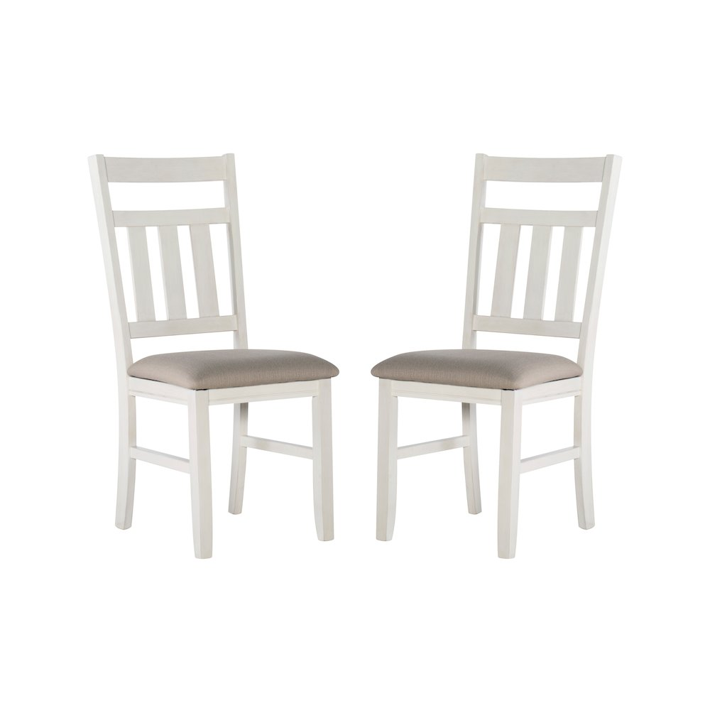 Distressed white side chair from Start2Finish with a rustic wooden frame and cushioned seat, ideal for dining or living spaces.