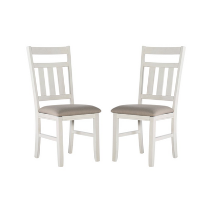 Distressed white side chair from Start2Finish with a rustic wooden frame and cushioned seat, ideal for dining or living spaces.