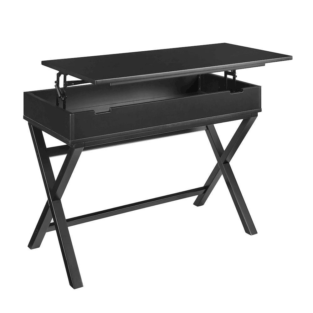Black Peggy Lift Top Desk by Start2Finish, showing the desk with a raised lift-top surface and sleek modern design.