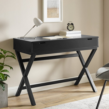 Start2Finish Peggy lift top desk in black showing the desk with a raised lift top and workspace surface.