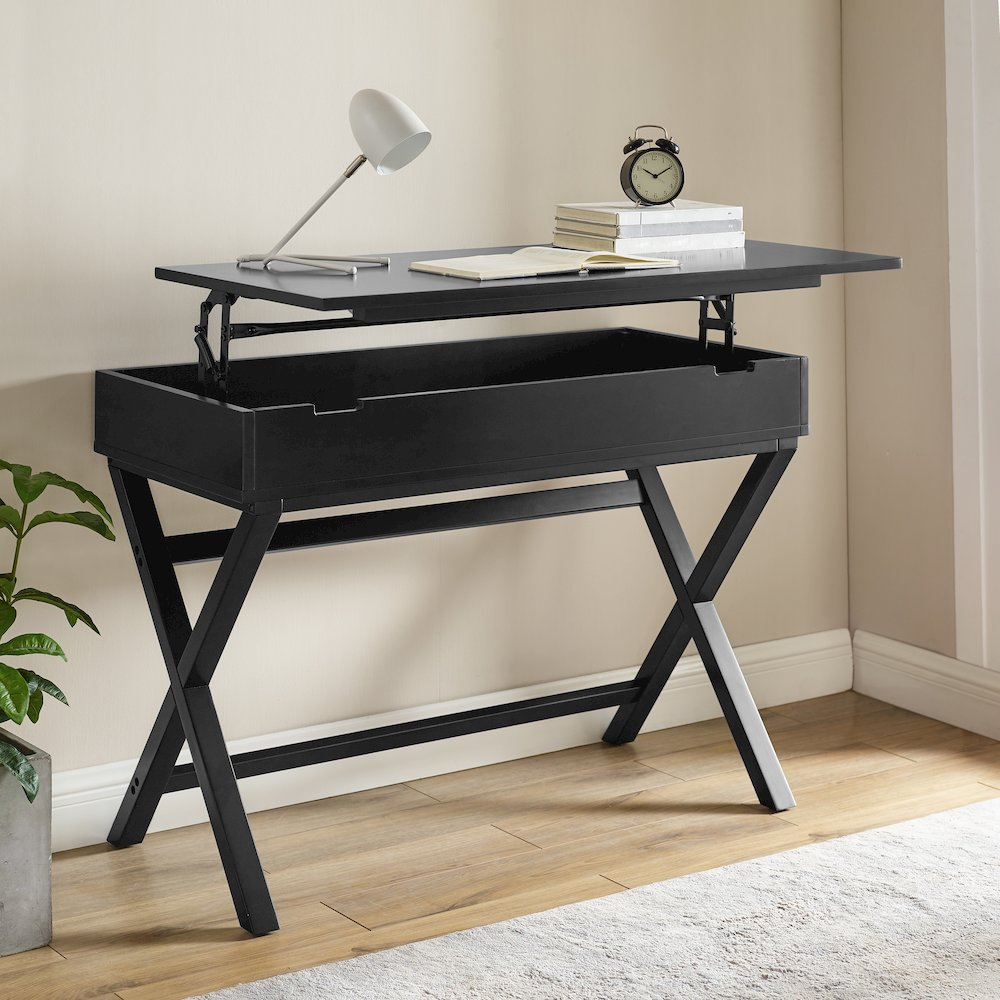 Start2Finish Peggy Lift Top Desk in black, showing the sleek wooden surface with a raised lift top and storage compartments.