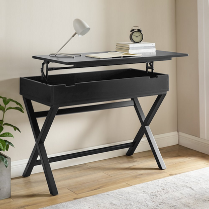 Start2Finish Peggy Lift Top Desk in black, showing the sleek wooden surface with a raised lift top and storage compartments.