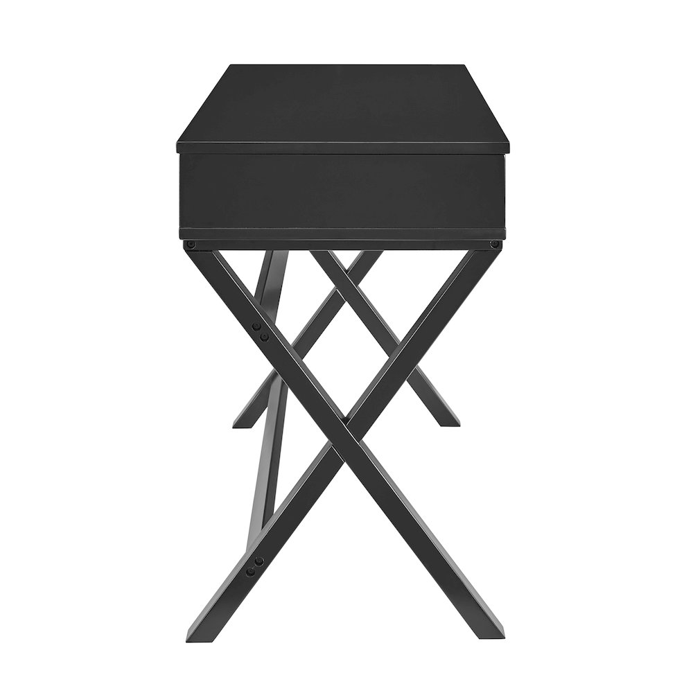 Black Peggy Lift Top Desk by Start2Finish with a raised desktop surface and storage compartments, shown from a front view.