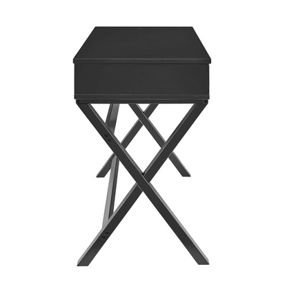Black Peggy Lift Top Desk by Start2Finish with a raised desktop surface and storage compartments, shown from a front view.