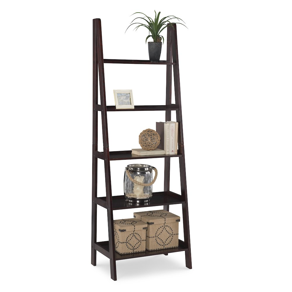 Start2Finish Acadia Ladder Bookshelf in espresso finish, showcasing a modern wooden bookshelf with multiple shelves for storage.