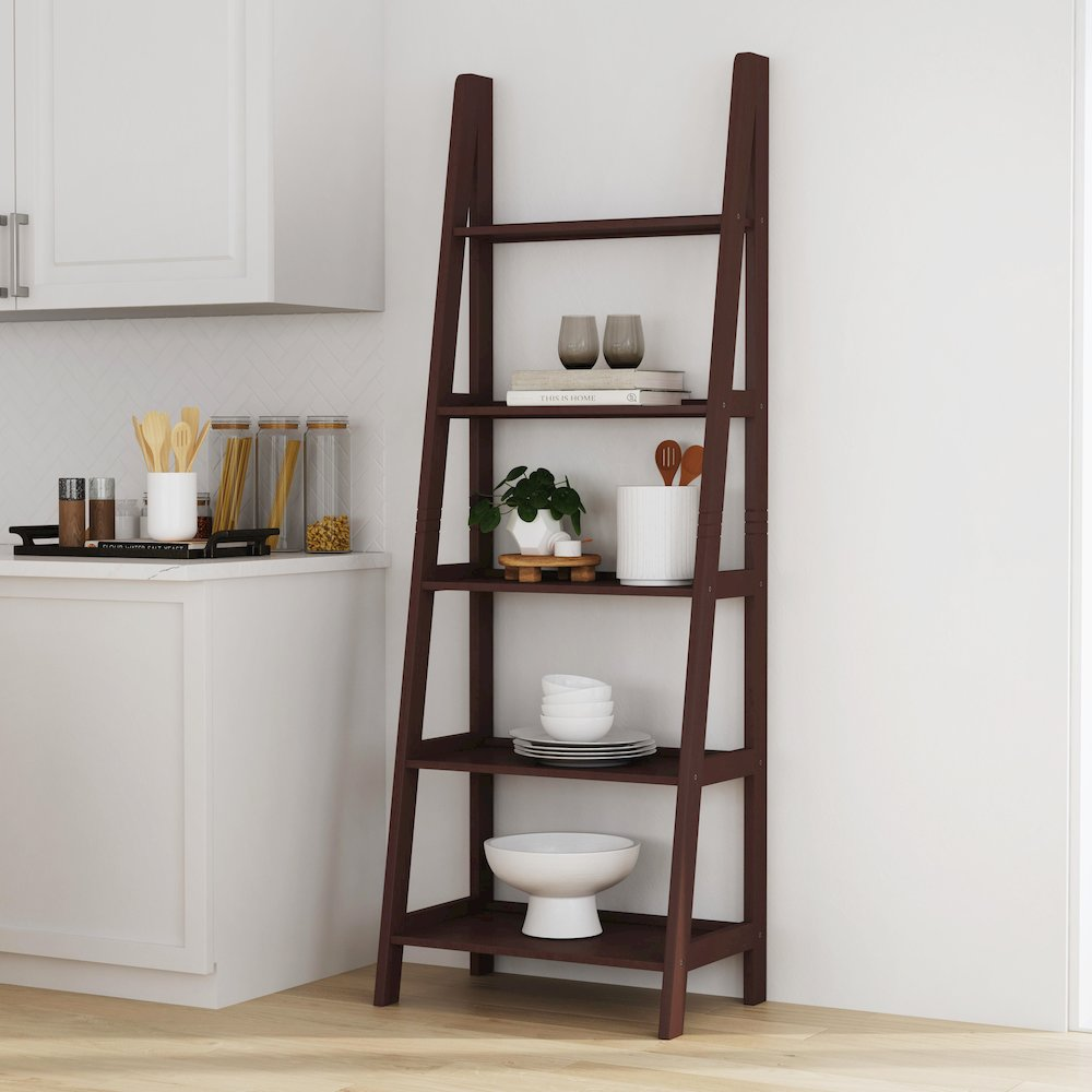 Start2Finish Acadia Ladder Bookshelf in espresso finish with multiple shelves and a sleek, modern design for stylish storage.