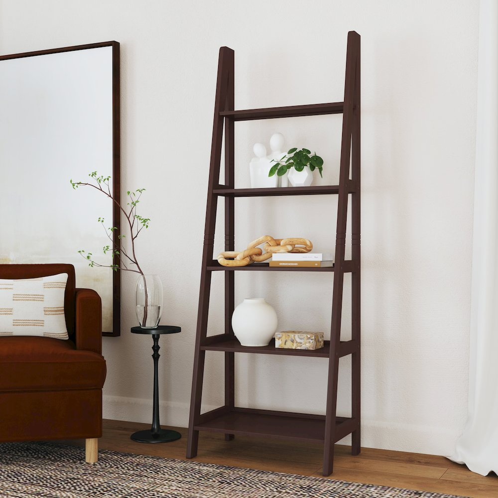 Start2Finish Acadia Ladder Bookshelf in espresso finish with multiple shelves and a modern design for home or office storage.