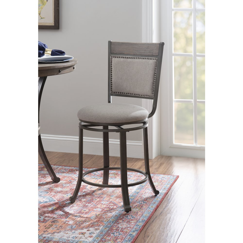 Start2Finish Franklin Swivel Counter Stool in Pewter with a round seat and metal base, perfect for kitchen or bar area.