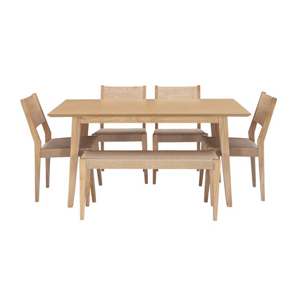 Start2Finish Cadence 6-piece natural dining set with matching table and chairs, showcasing a modern and elegant furniture design.