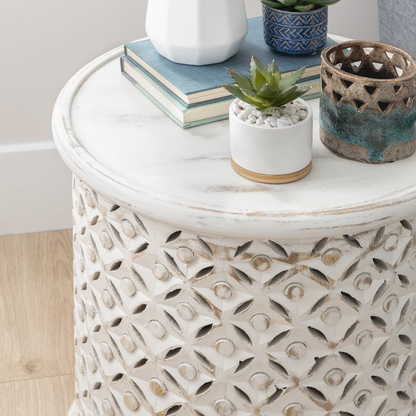 White Inora side table by Start2Finish featuring a modern, minimalist design with a smooth surface and sturdy legs.