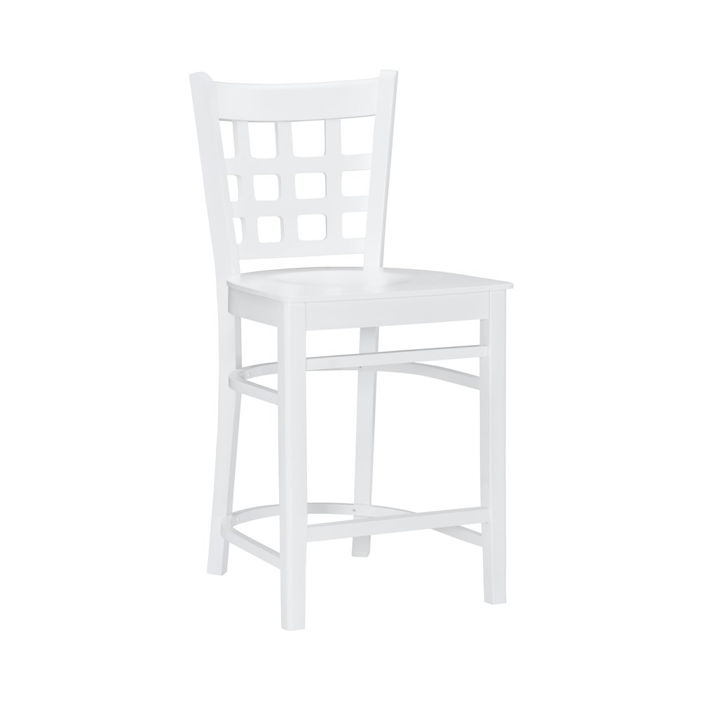 Set of two white Lola counter stools by Start2Finish, featuring sleek modern design and sturdy wooden legs for kitchen or bar area