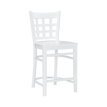 Set of two white Lola counter stools by Start2Finish, featuring sleek modern design and sturdy wooden legs for kitchen or bar area