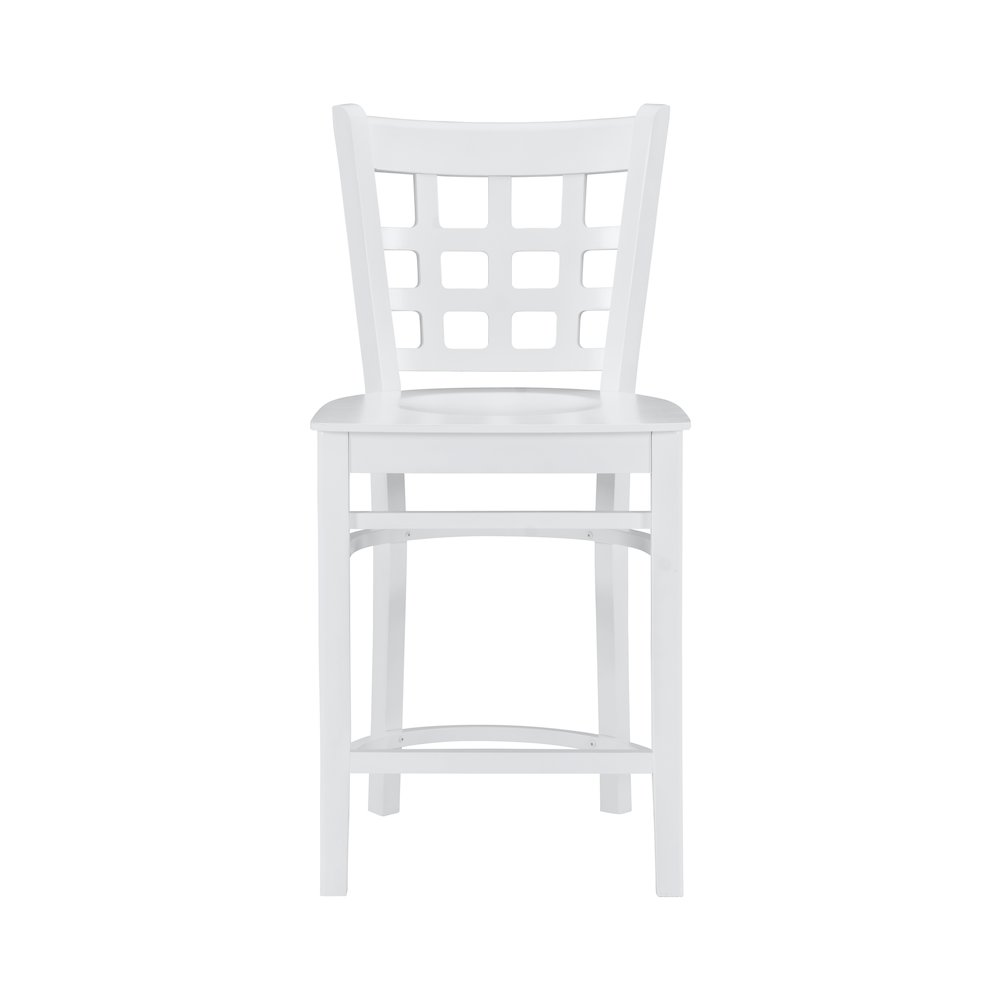 Pair of white Lola counter stools from Start2Finish with wooden legs, shown in a modern kitchen setting.