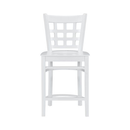 Pair of white Lola counter stools from Start2Finish with wooden legs, shown in a modern kitchen setting.