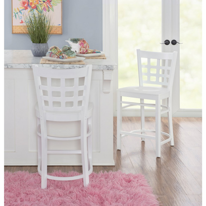 Pair of white Lola counter stools by Start2Finish, featuring sleek modern design and sturdy legs, set of two for kitchen or bar area.
