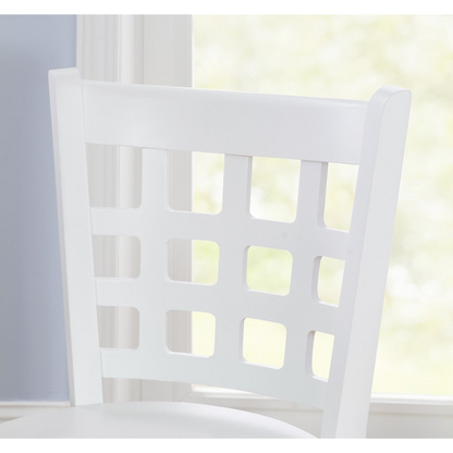 Pair of white Lola counter stools from Start2Finish, showcasing sleek design with wooden legs and cushioned seats.