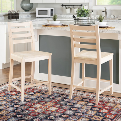 Pair of unfinished Flynn counter stools by Start2Finish, showcasing wooden seats and sturdy legs for kitchen or bar area.