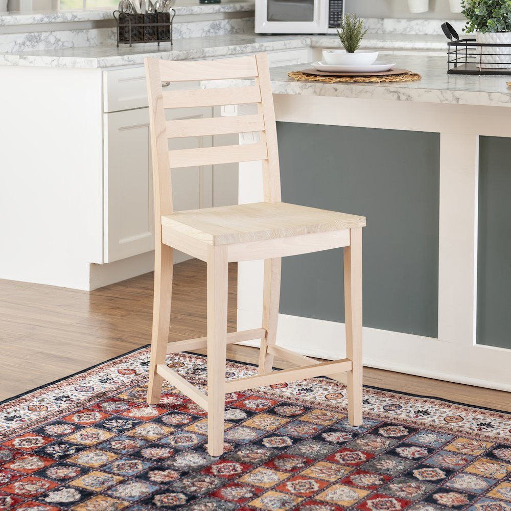 Set of two unfinished Flynn counter stools by Start2Finish, showcasing natural wood finish and simple contemporary design.