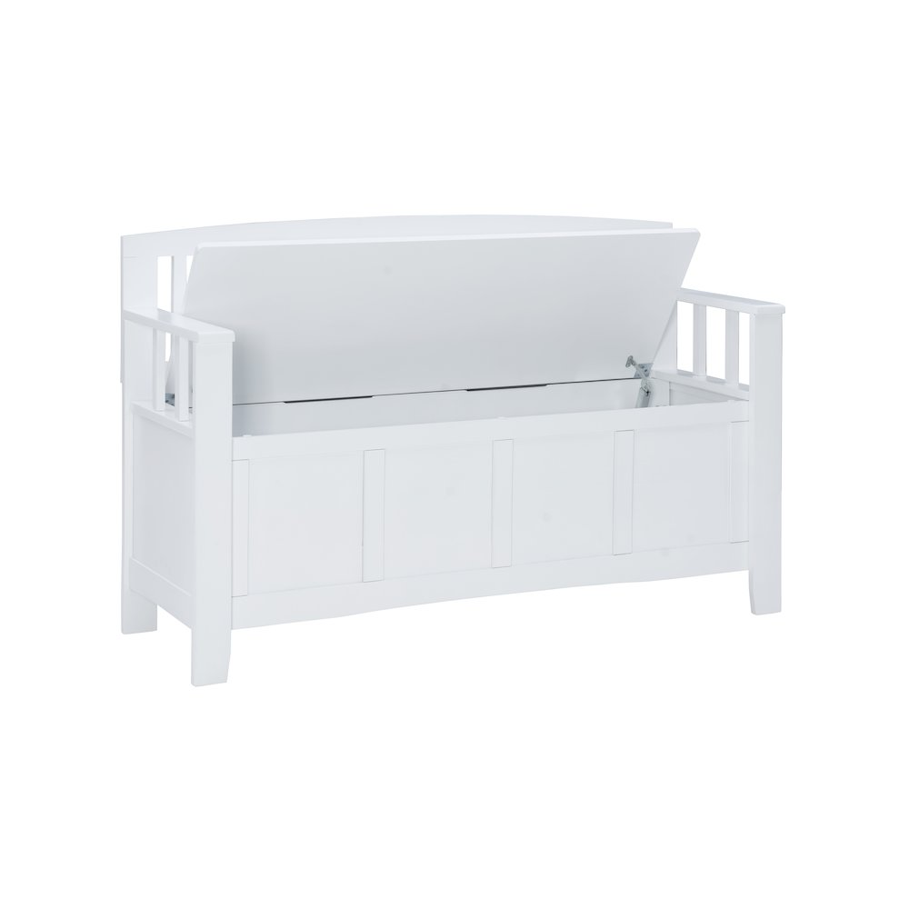 White Cynthia storage bench by Start2Finish with cushioned top and wooden legs, ideal for entryway or living room storage.