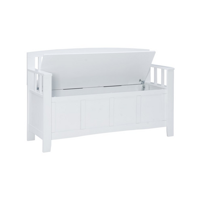 White Cynthia storage bench by Start2Finish with cushioned top and wooden legs, ideal for entryway or living room storage.